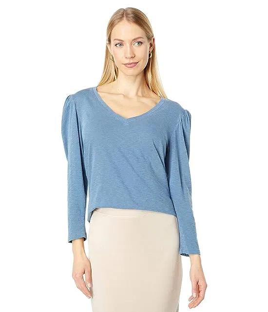 Puff Sleeve V-Neck Top in Pima Cotton