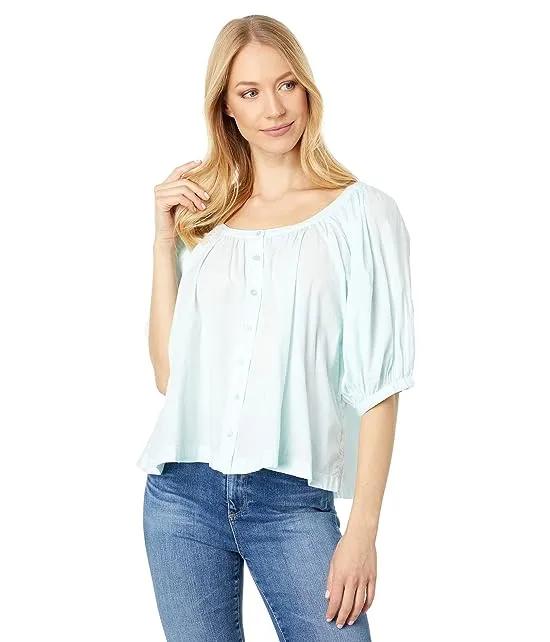 Puff Sleeve Woven Button Front Blouse