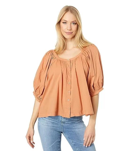 Puff Sleeve Woven Button Front Blouse
