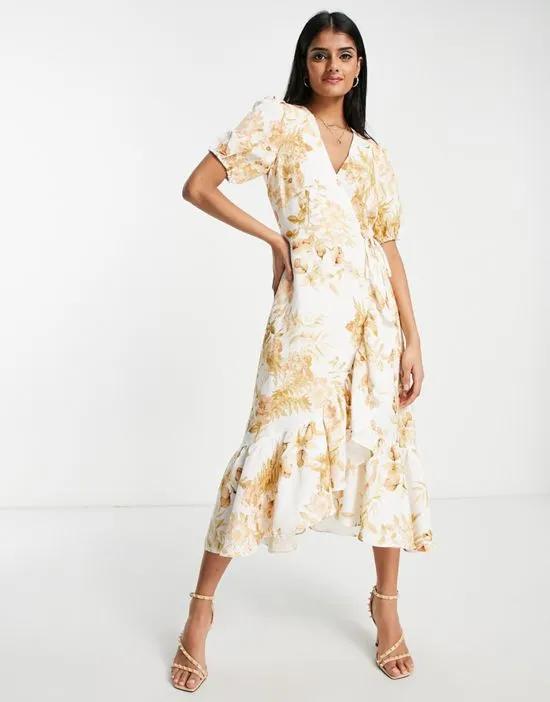 puff sleeve wrap midi dress in ivory and gold floral