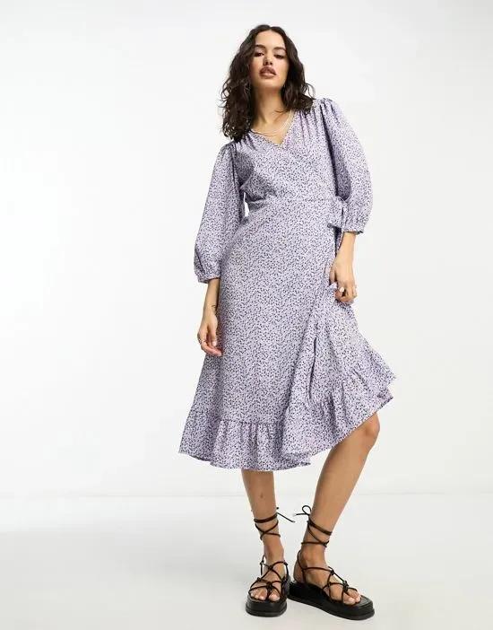 puff sleeve wrap midi dress in lilac & blue ditsy floral