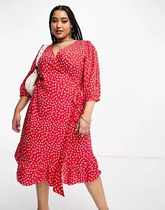 puff sleeve wrap midi dress in red floral