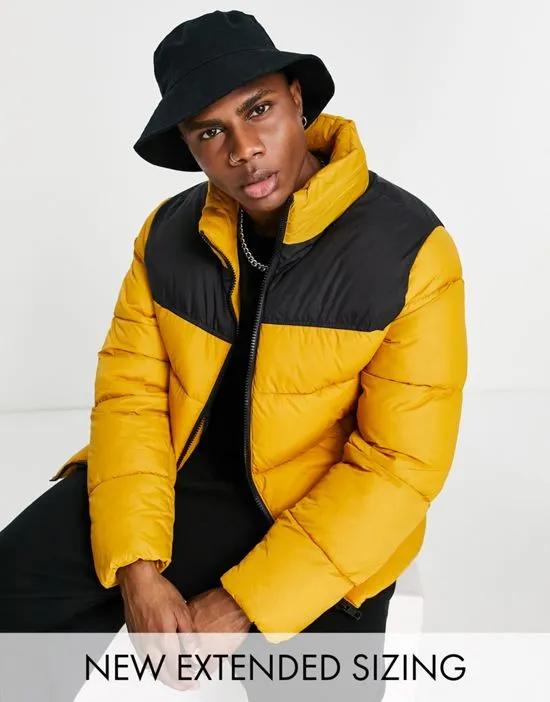 puffer jacket with contrast panel in mustard