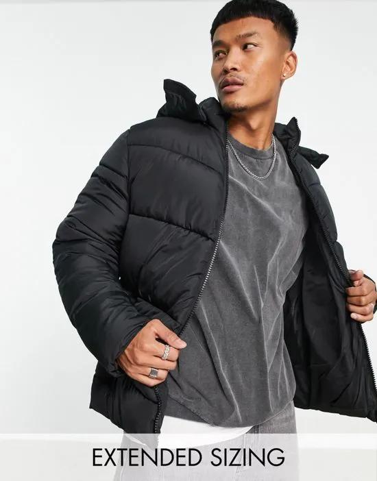 puffer jacket with detachable hood in black