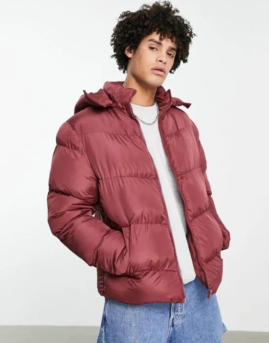 puffer jacket with detachable hood in burgundy