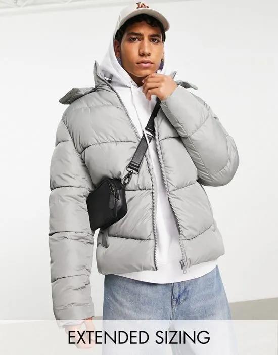 puffer jacket with detachable hood in gray