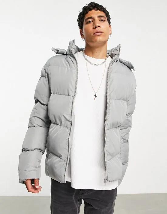 puffer jacket with detachable hood in gray