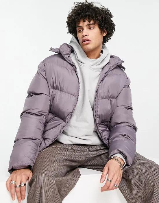 puffer jacket with detachable hood in lavender