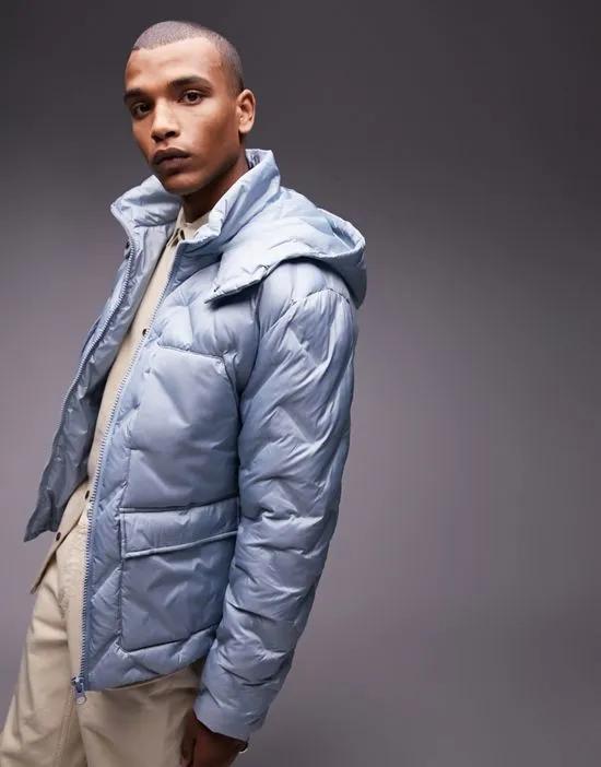 puffer jacket with hood in light blue