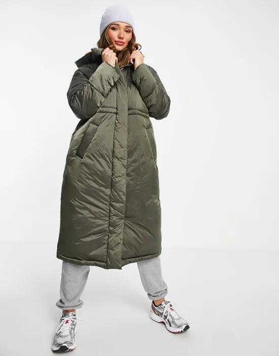 puffer longline parka in khaki