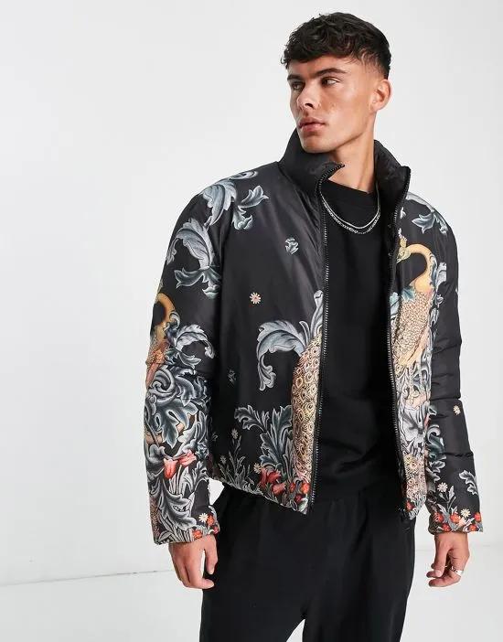 puffer with renaissance placement print in black