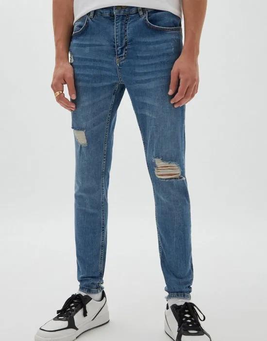 Pull & Bear premium ripped skinny jeans in blue