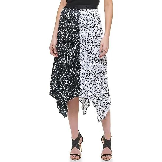 Pull-On Asymmetrical Printed Color-Block Skirt