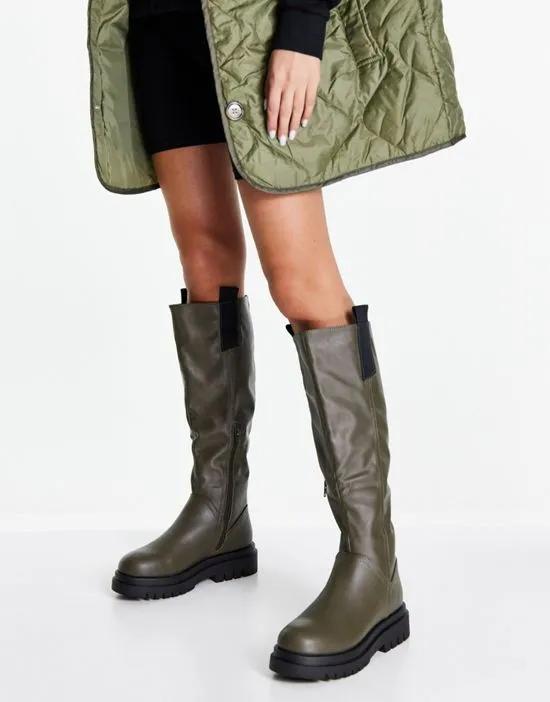 pull on chunky knee boots in khaki