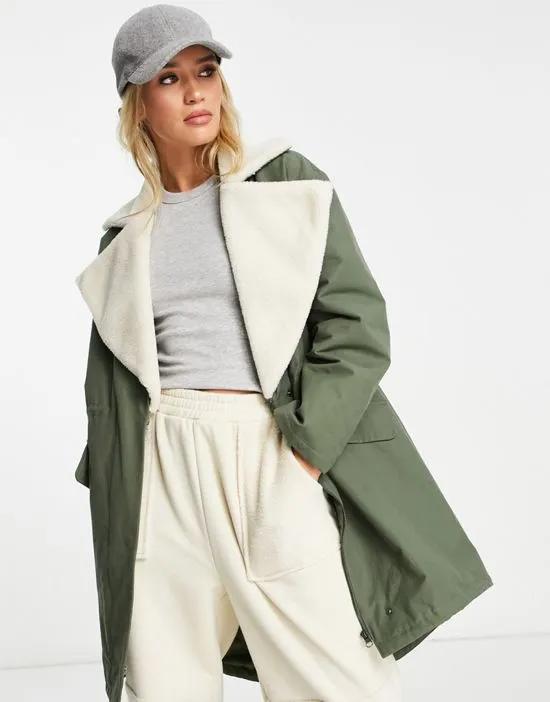quilt lined parka coat with borg collar in olive