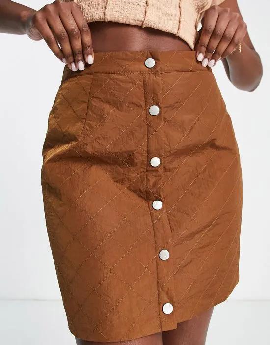 quilted button through mini skirt in brown