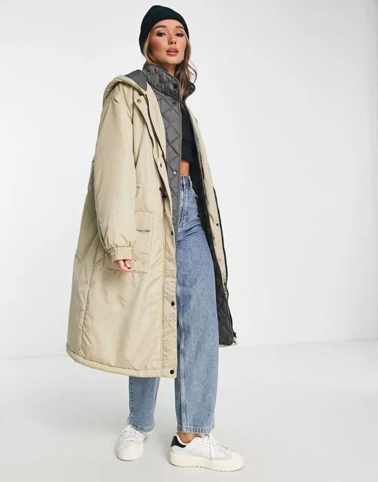 quilted hybrid parka coat in stone