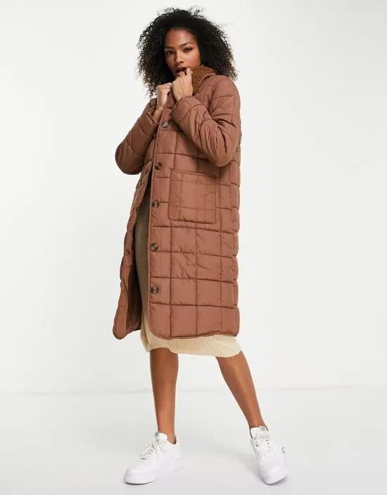 quilted longline coat with sherpa collar in brown