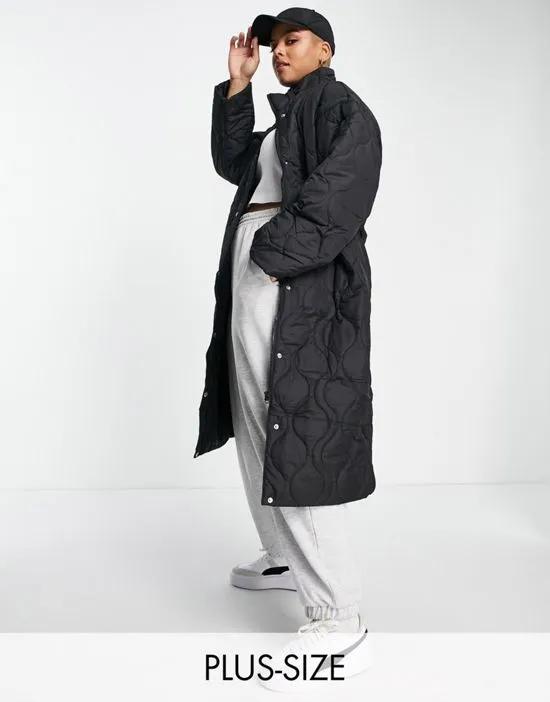 quilted longline puffer coat in black