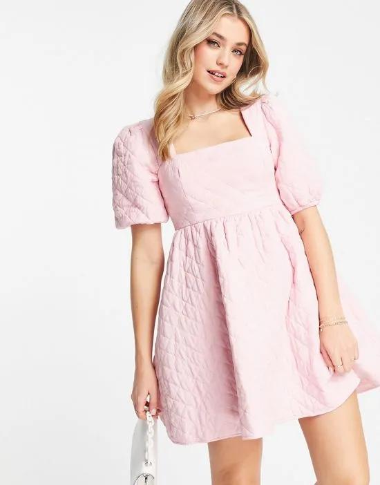 quilted mini smock dress in pale pink
