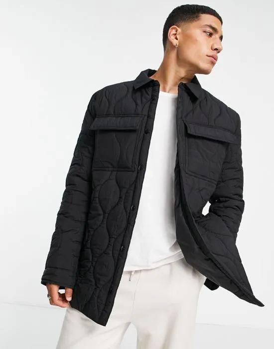 quilted overshirt with stitch detail in black