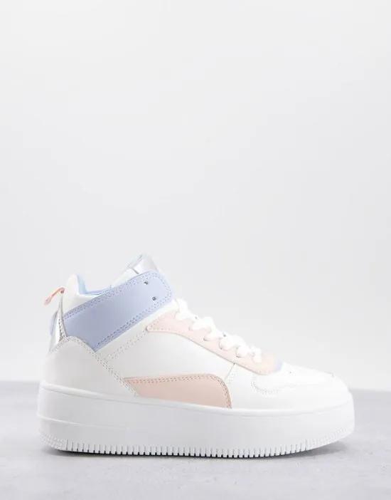 Qupid chunky hitop sneakers in white and pastel mix