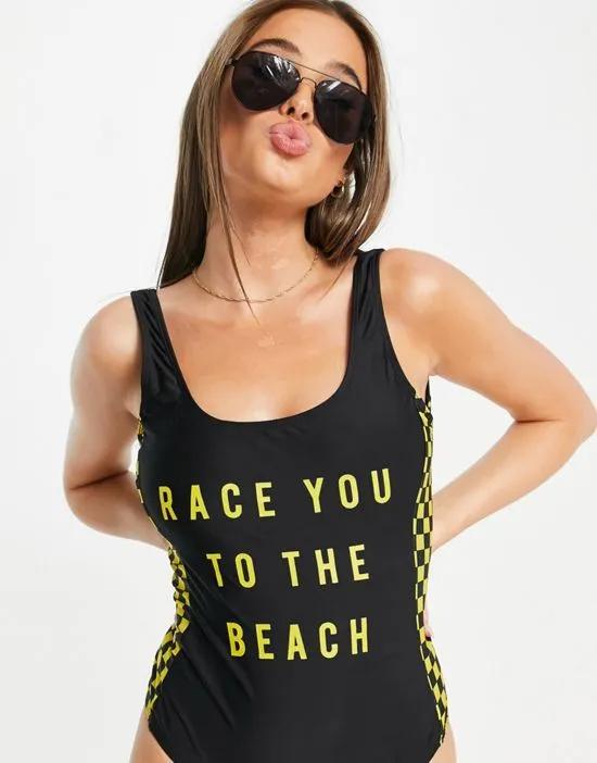 race you to the beach swimsuit in black and yellow