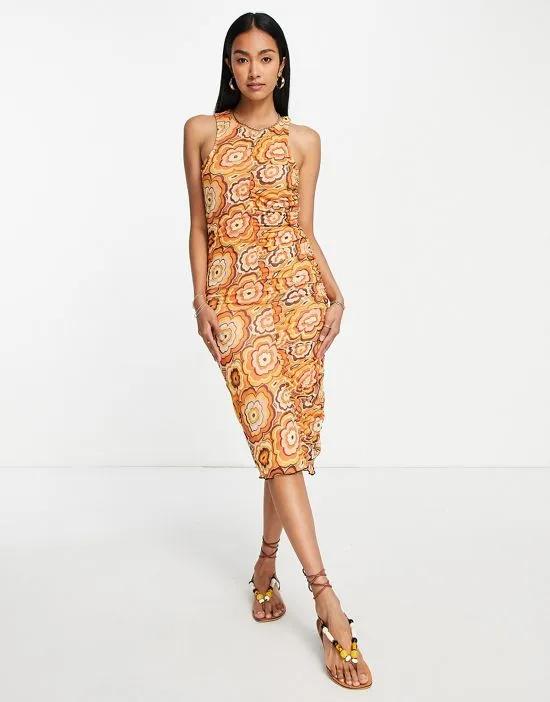 racer midi dress with ruched front seam in 70s floral mesh