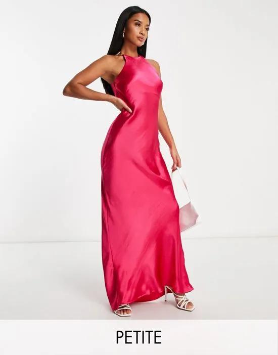 racer neck satin maxi dress in bright pink