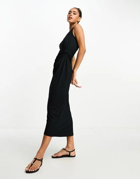 racer neck twist front jersey body-conscious midi dress in black