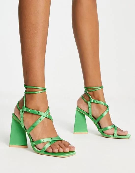 RAID Elinora block heel sandals with stud embellishment in green satin