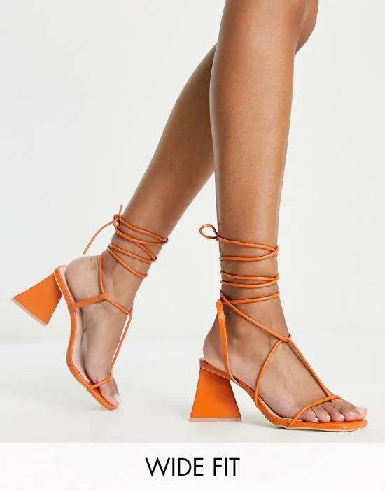 RAID Wide Fit Aysha tie ankle mid heeled sandals in orange
