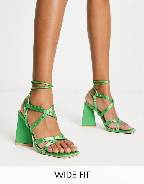 RAID Wide Fit Elinora block heel sandals with stud embellishment in green satin