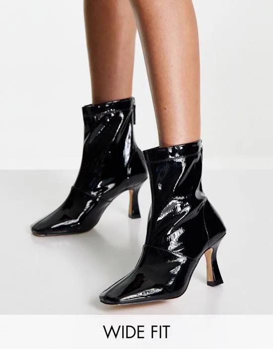 RAID Wide Fit Izzy mid heel ankle boots in black crinkle patent