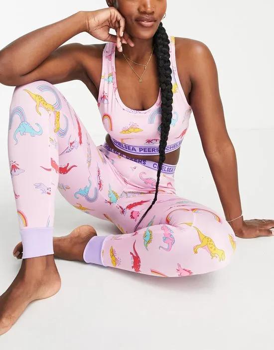 rainbow dinosaur crop top and legging pajama set in pink