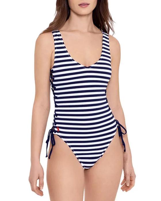 Ralph Lauren Striped Lace Up Swimsuit