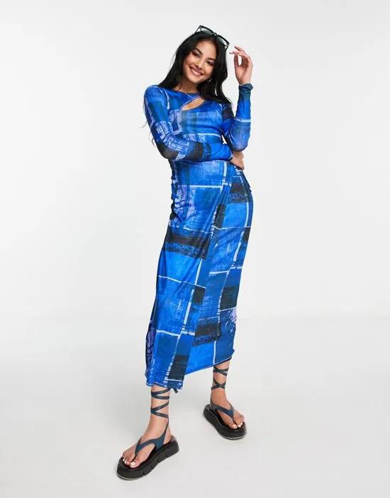 ranch print cut-out jersey midi dress in blue