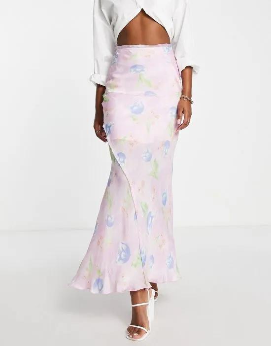 raw edge bias maxi skirt in blurred floral
