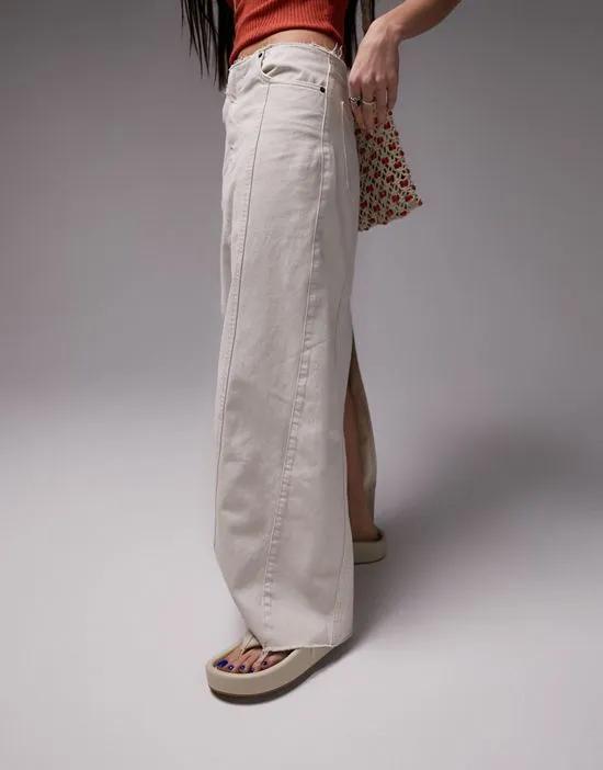 raw waistband denim maxi skirt in off white