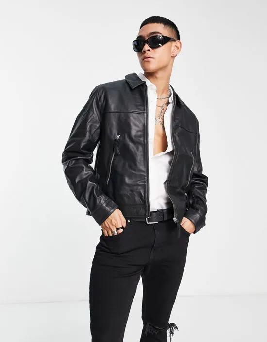 real leather harrington jacket in black