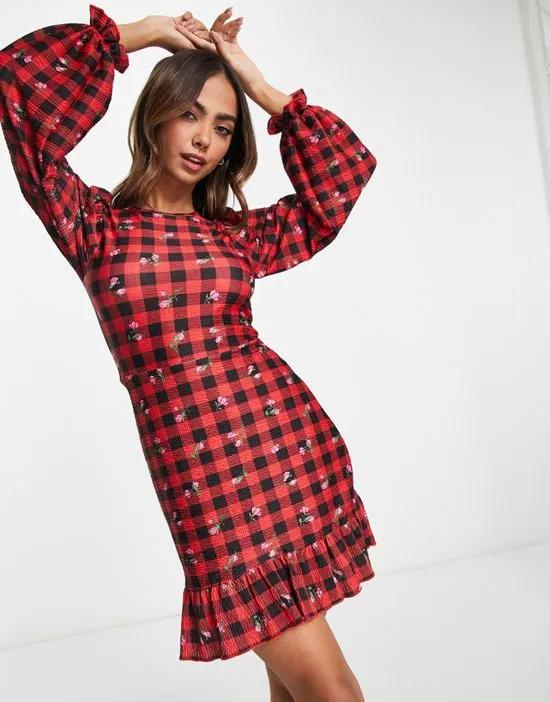 red check floral fit and flare dress