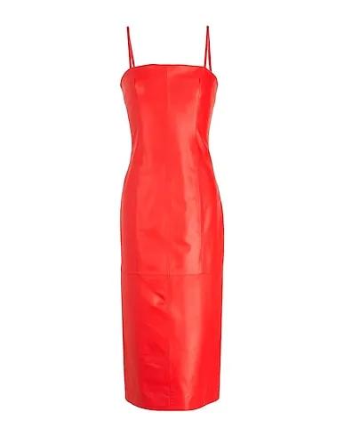Red Leather Midi dress LEATHER PENCIL MID-LONG DRESS
