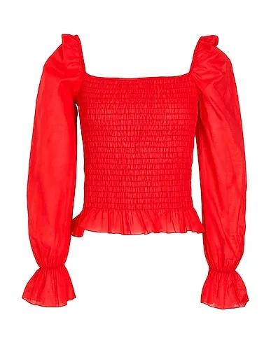 Red Plain weave Blouse SMOCK PUFFED SLEEVE TOP
