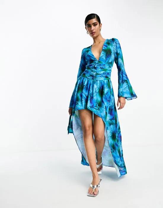 reef print high-low mini dress in blue