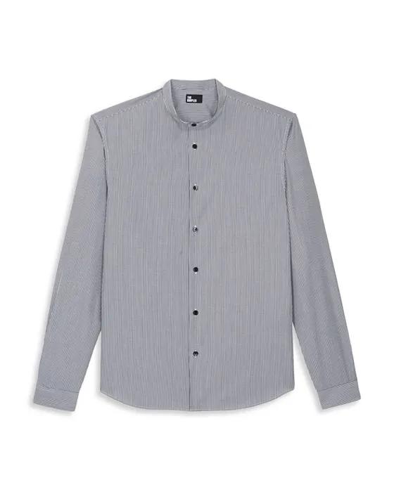Regent Cotton Stripe Band Collar Slim Fit Button Down Shirt 