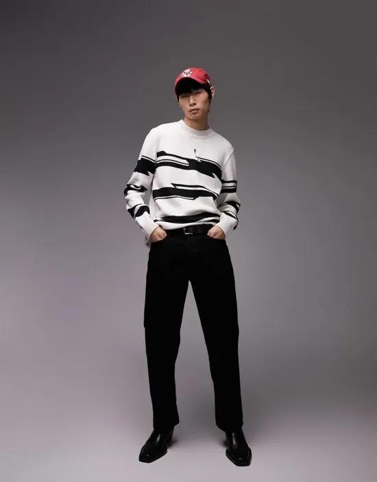 regular knitted crew neck sweater with twisted stripe in mono
