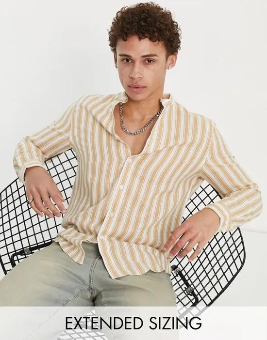 regular linen stripe work shirt with grandad collar in tan
