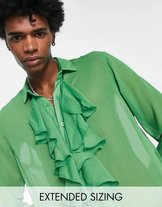 regular sheer shirt with ruffle front in green