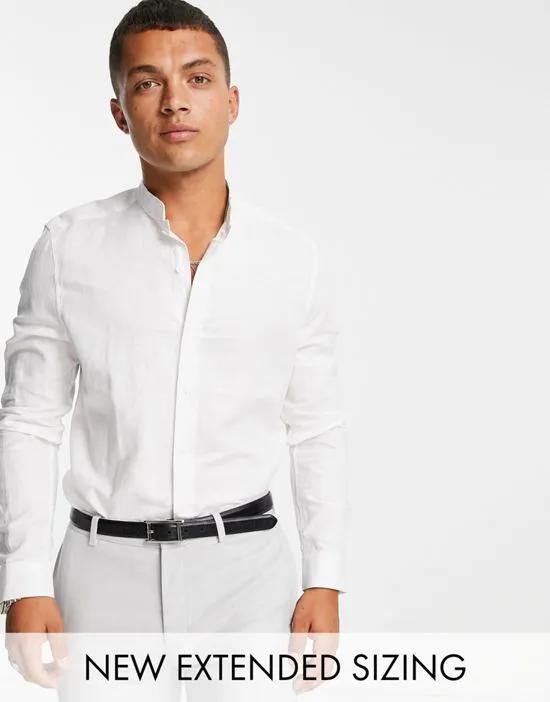 regular smart linen shirt with mandarin collar in white