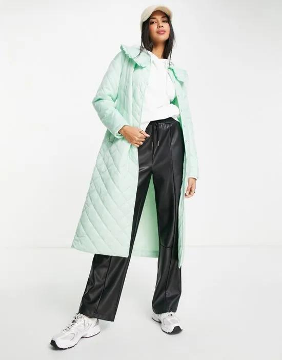relaxed belted padded coat with collar in pastel mint